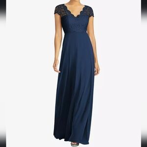 NWT Dessy Collection Illusion back lace chiffon maxi dress mightnight navy blue